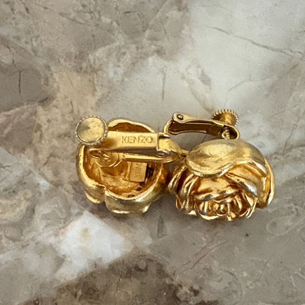 KENZO Gold Rose Clip-On Earrings - Sculpted Floral Design